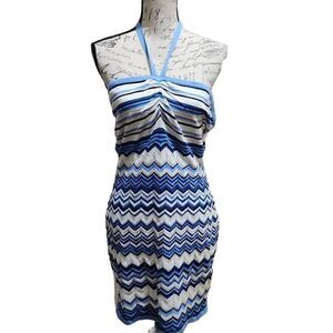 New Crave Fame Blue & White Chevron Open Weave Knit Halter Dress- Size Large